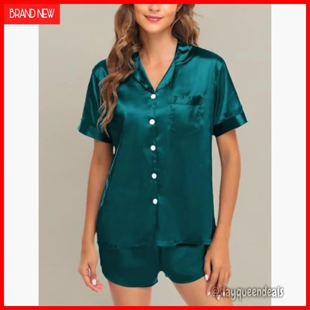 Satin Matching Pajama Set Short Sleeve Button Down Nightwear Loungewear